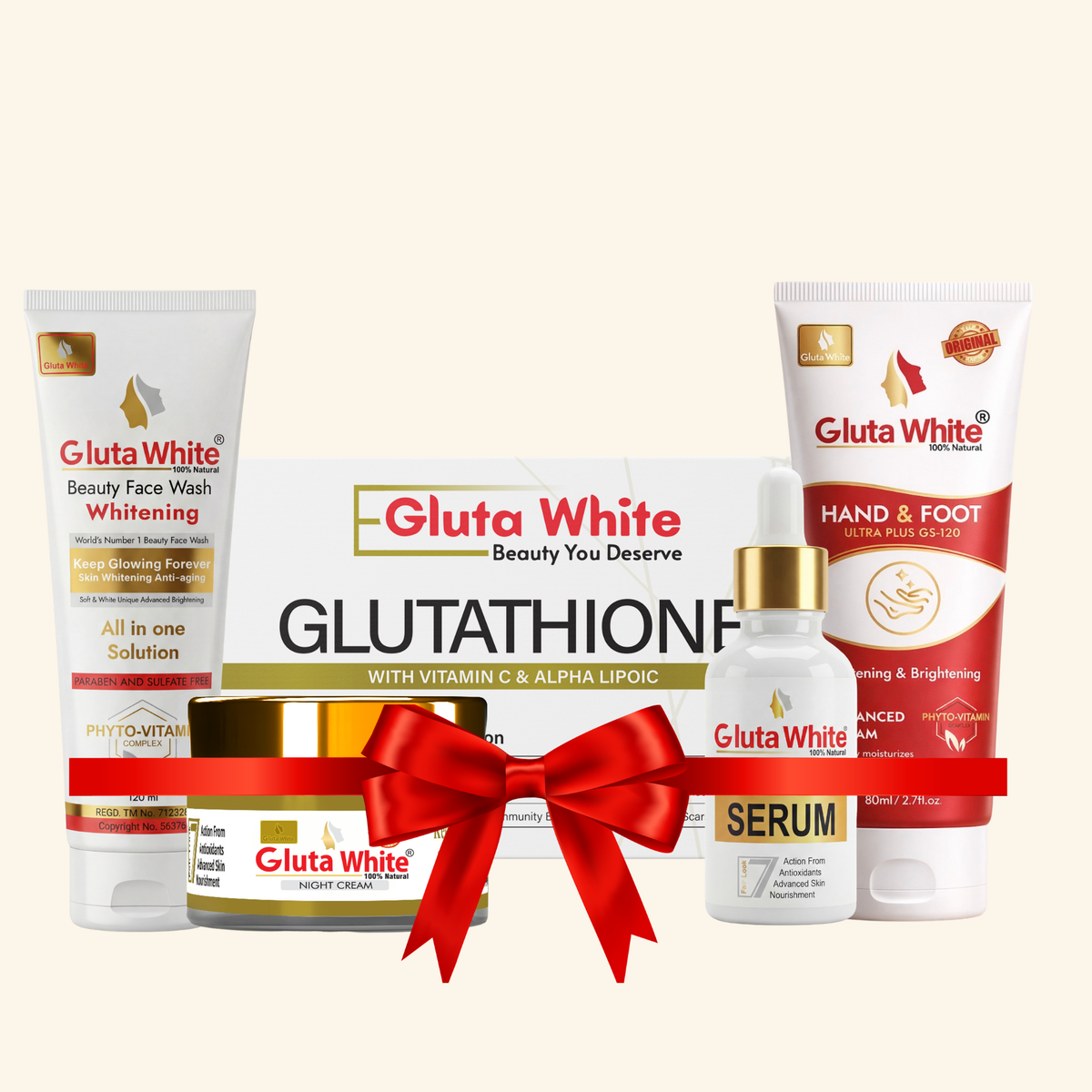 Gluta White Night Craem + Face Wash + Hand & Foot Craem + capsule + Whitening Soap + Whitening Serum