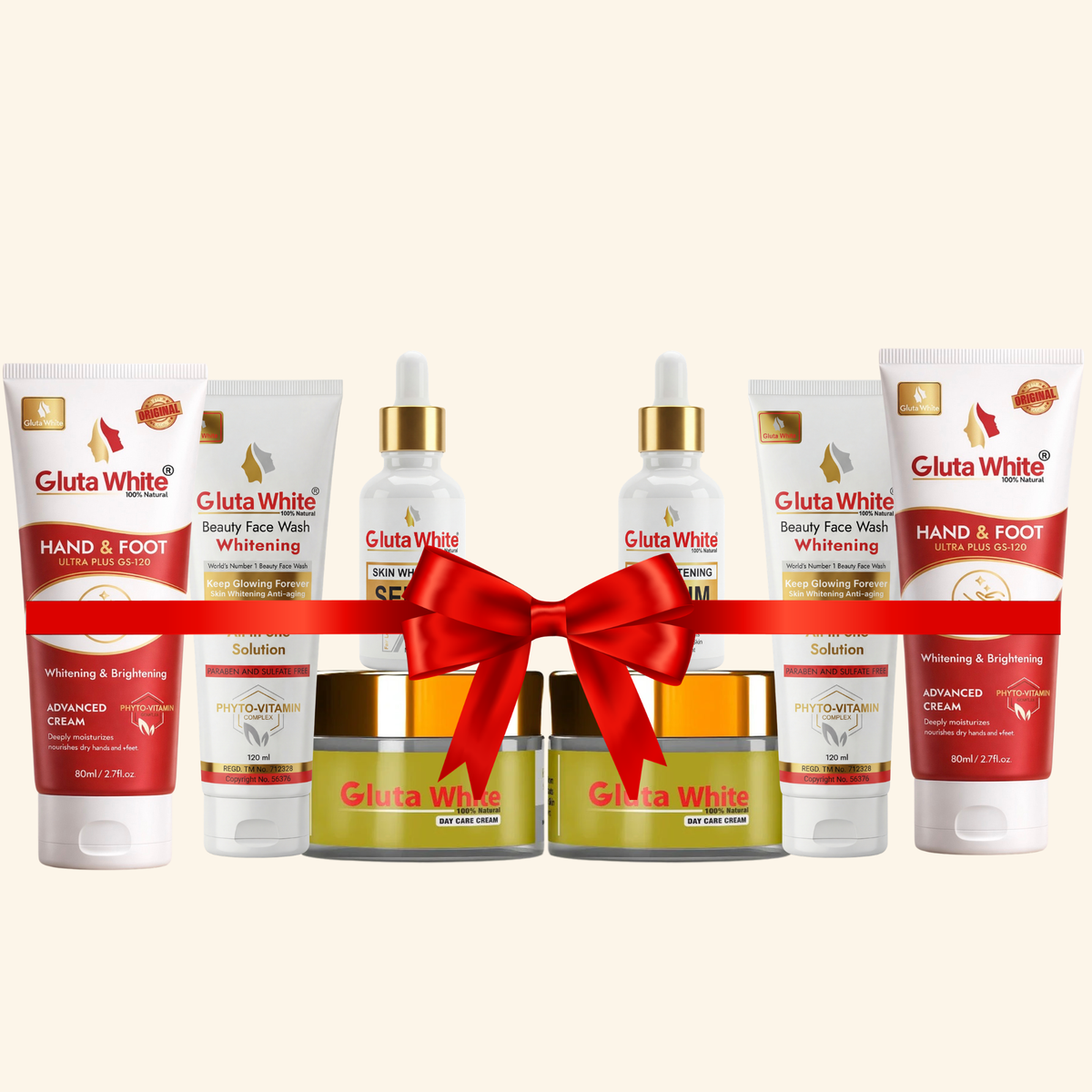 Gluta White® Day Cream Pack Of 2 + Face Wash Pack Of 2 + Whitening Serum Pack Of 2 + Hand & Foot Cream Pack Of 2