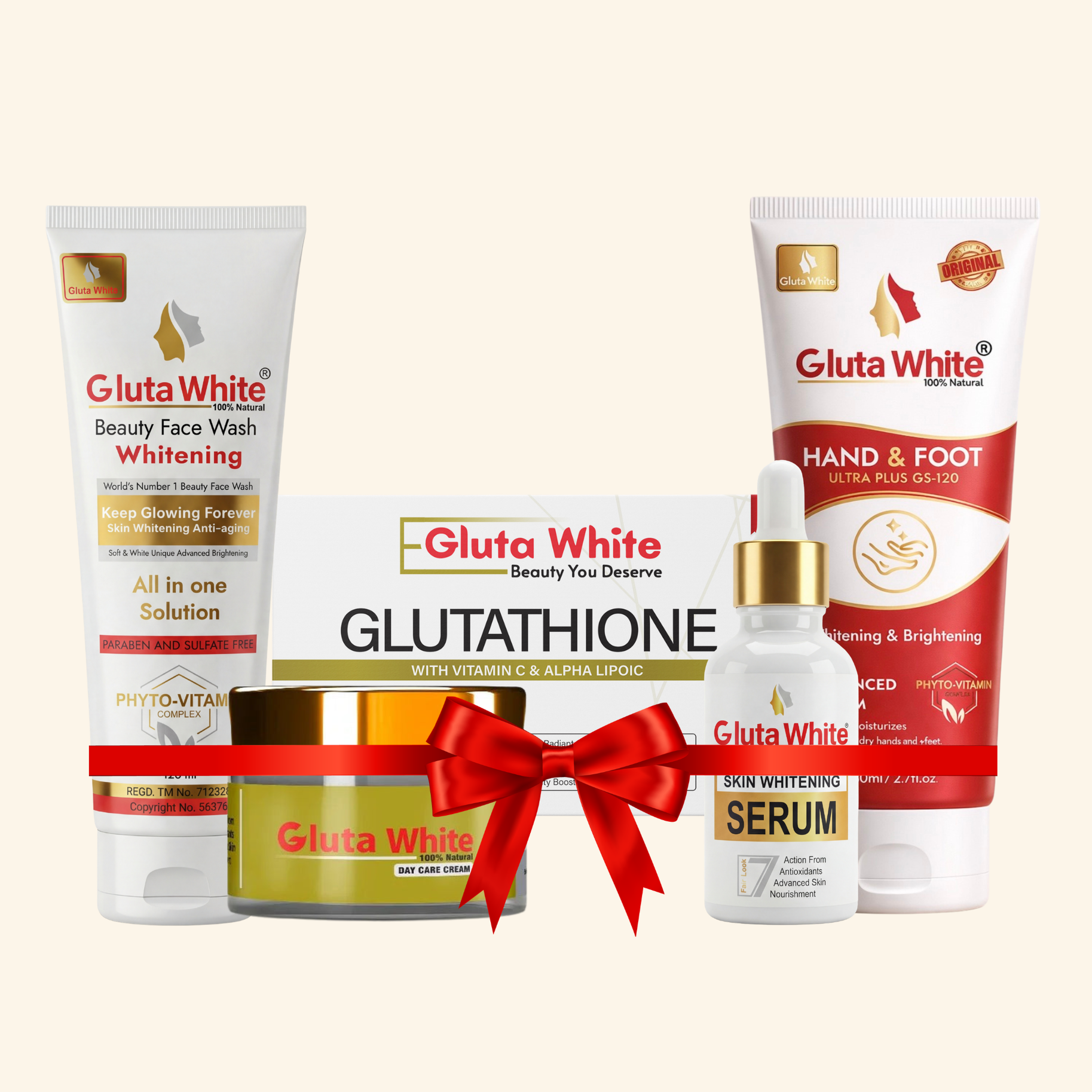 Gluta White Day Cream + Face Wash + Hand & Foot Cream + Whitening Serum + Capsule